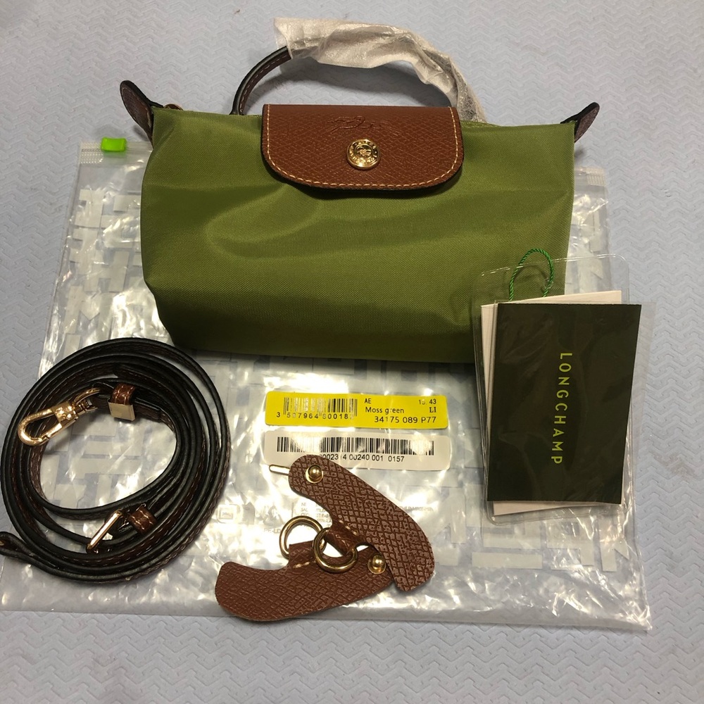 Longchamp Olive Green Nylon Mini Crossbody with Brown Leather Trim